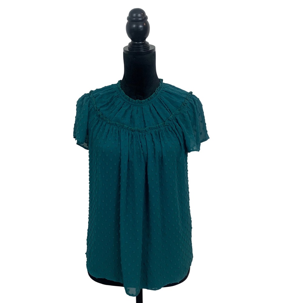 J.Crew Teal Green Swiss Dot Ruffle Neck Blouse Short Sleeve XXS Chiffon‎ Top